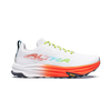 A white HOKA ALTRA running shoe with a vibrant orange and red gradient midsole, lime green laces, and a black Vibram outsole, shown against a plain white background. - Altra Mont Blanc Speed Shoes (Men's) - White/Coral/Blue