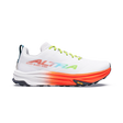A white HOKA ALTRA running shoe with a vibrant orange and red gradient midsole, lime green laces, and a black Vibram outsole, shown against a plain white background. - Altra Mont Blanc Speed Shoes (Men's) - White/Coral/Blue