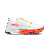 A white HOKA ALTRA running shoe with a vibrant orange and red gradient midsole, lime green laces, and a black Vibram outsole, shown against a plain white background. - Altra Mont Blanc Speed Shoes (Men's) - White/Coral/Blue