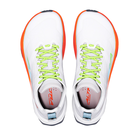 A pair of white athletic shoes shown from a top-down view, featuring bright neon orange side accents, lime green laces, and a light blue pull tab on the heels. - Altra Mont Blanc Speed Shoes (Women's) - White/Coral/Blue