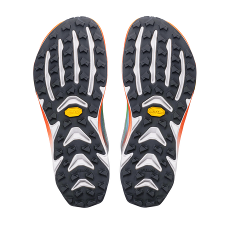 Top-down view of a pair of trail running shoes showing their black Vibram sole with white and orange accents. - Altra Mont Blanc Speed Shoes (Women's) - White/Coral/Blue