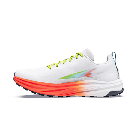 A white running shoe with a vibrant orange, yellow, and green gradient midsole and a matching gradient logo on the side, shown against a plain white background. - Altra Mont Blanc Speed Shoes (Women's) - White/Coral/Blue
