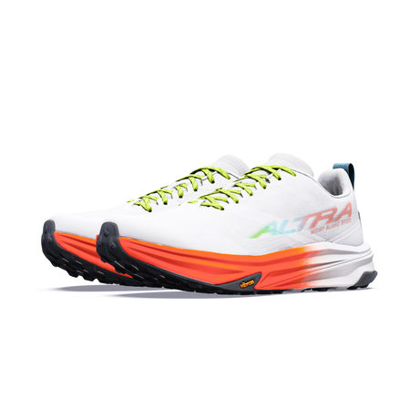 A pair of Hoka Altra Run Easy 6 trail running shoes in white, featuring vibrant neon green laces, a white and orange midsole, and black Vibram soles, shown against a plain white background. - Altra Mont Blanc Speed Shoes (Women's) - White/Coral/Blue