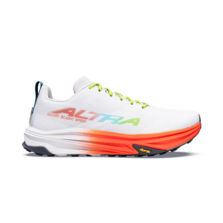 A white HOKA ALTRA running shoe with a vibrant orange and red gradient midsole, lime green laces, and a black Vibram outsole, shown against a plain white background. - Altra Mont Blanc Speed Shoes (Women's) - White/Coral/Blue