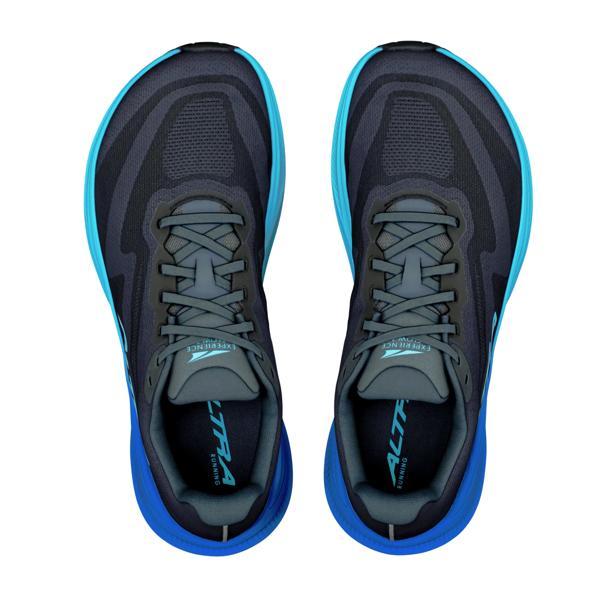 A pair of athletic sneakers shown from a top-down view, featuring a dark gray and black mesh upper with bright blue and turquoise accents on the midsole and tongue. - Altra Experience Flow 3 Shoes (Men's) - Black/Black/Bluefish
