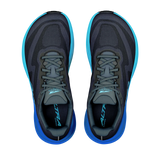 A pair of athletic sneakers shown from a top-down view, featuring a dark gray and black mesh upper with bright blue and turquoise accents on the midsole and tongue. - Altra Experience Flow 3 Shoes (Men's) - Black/Black/Bluefish