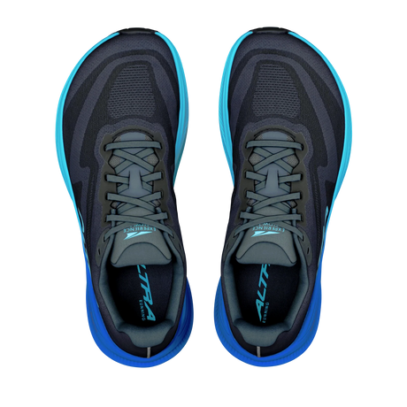 A pair of athletic sneakers shown from a top-down view, featuring a dark gray and black mesh upper with bright blue and turquoise accents on the midsole and tongue. - Altra Experience Flow 3 Shoes (Men's) - Black/Black/Bluefish
