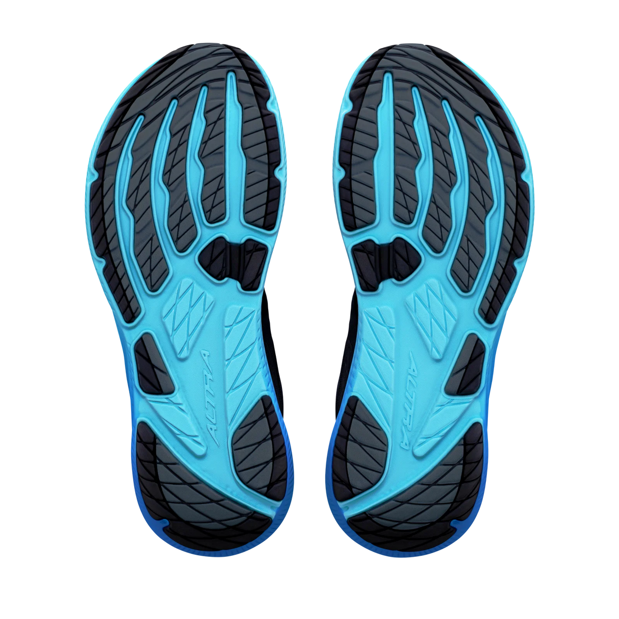 A pair of athletic shoe soles shown from the bottom, featuring a bright blue and black textured tread pattern on a plain white background. - Altra Experience Flow 3 Shoes (Men's) - Black/Black/Bluefish