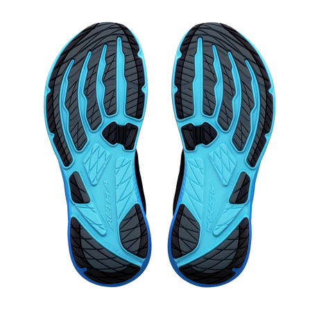 A pair of athletic shoe soles shown from the bottom, featuring a bright blue and black textured tread pattern on a plain white background. - Altra Experience Flow 3 Shoes (Men's) - Black/Black/Bluefish