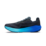 A single athletic running shoe shown in profile against a plain white background. The upper is dark charcoal gray, while the midsole and outsole feature a vibrant gradient transitioning from light blue to bright blue. - Altra Experience Flow 3 Shoes (Men's) - Black/Black/Bluefish