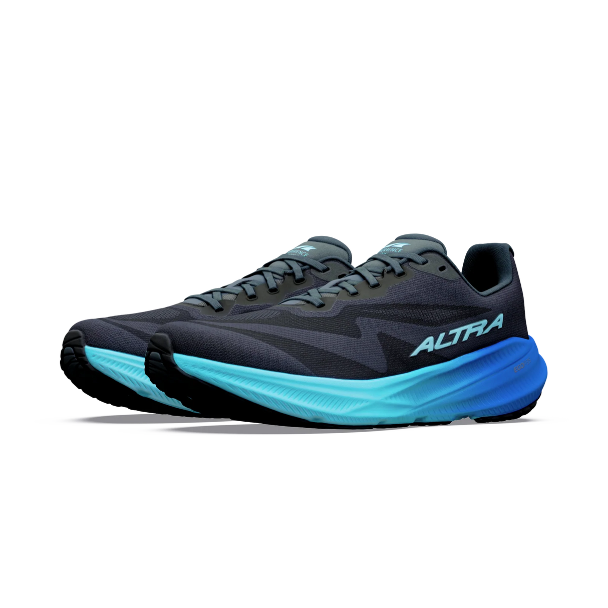 A pair of Altra running shoes in dark gray and black with a bright turquoise and blue midsole, shown against a plain white background. - Altra Experience Flow 3 Shoes (Men's) - Black/Black/Bluefish