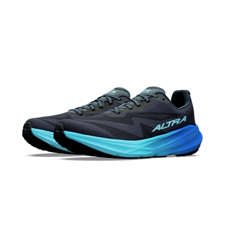 A pair of Altra running shoes in dark gray and black with a bright turquoise and blue midsole, shown against a plain white background. - Altra Experience Flow 3 Shoes (Men's) - Black/Black/Bluefish