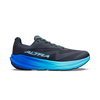 A single Altra running shoe shown in profile against a plain white background. The shoe features a dark gray and black upper with a thick, vibrant midsole that transitions from royal blue to bright cyan. - Altra Experience Flow 3 Shoes (Men's) - Black/Black/Bluefish
