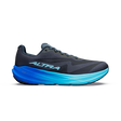 A single Altra running shoe shown in profile against a plain white background. The shoe features a dark gray and black upper with a thick, vibrant midsole that transitions from royal blue to bright cyan. - Altra Experience Flow 3 Shoes (Men's) - Black/Black/Bluefish