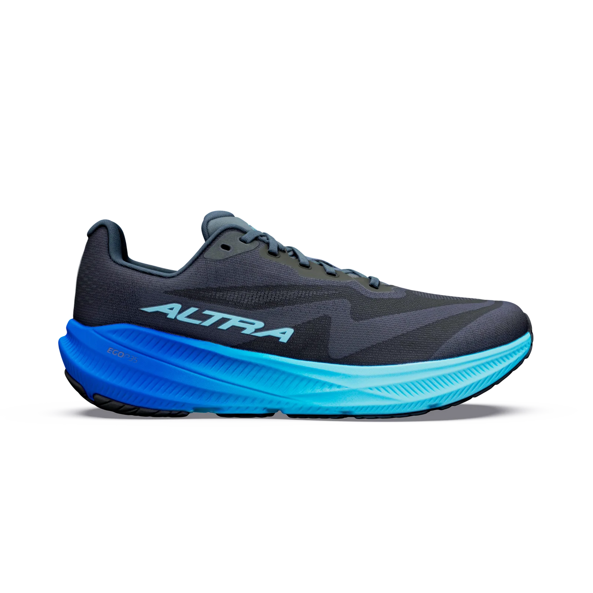A single Altra running shoe shown in profile against a plain white background. The shoe features a dark gray and black upper with a thick, vibrant midsole that transitions from royal blue to bright cyan. - Altra Experience Flow 3 Shoes (Men's) - Black/Black/Bluefish