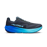 A single Altra running shoe shown in profile against a plain white background. The shoe features a dark gray and black upper with a thick, vibrant midsole that transitions from royal blue to bright cyan. - Altra Experience Flow 3 Shoes (Men's) - Black/Black/Bluefish