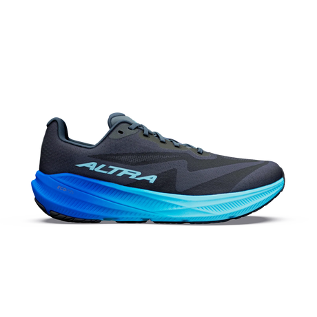 A single Altra running shoe shown in profile against a plain white background. The shoe features a dark gray and black upper with a thick, vibrant midsole that transitions from royal blue to bright cyan. - Altra Experience Flow 3 Shoes (Men's) - Black/Black/Bluefish