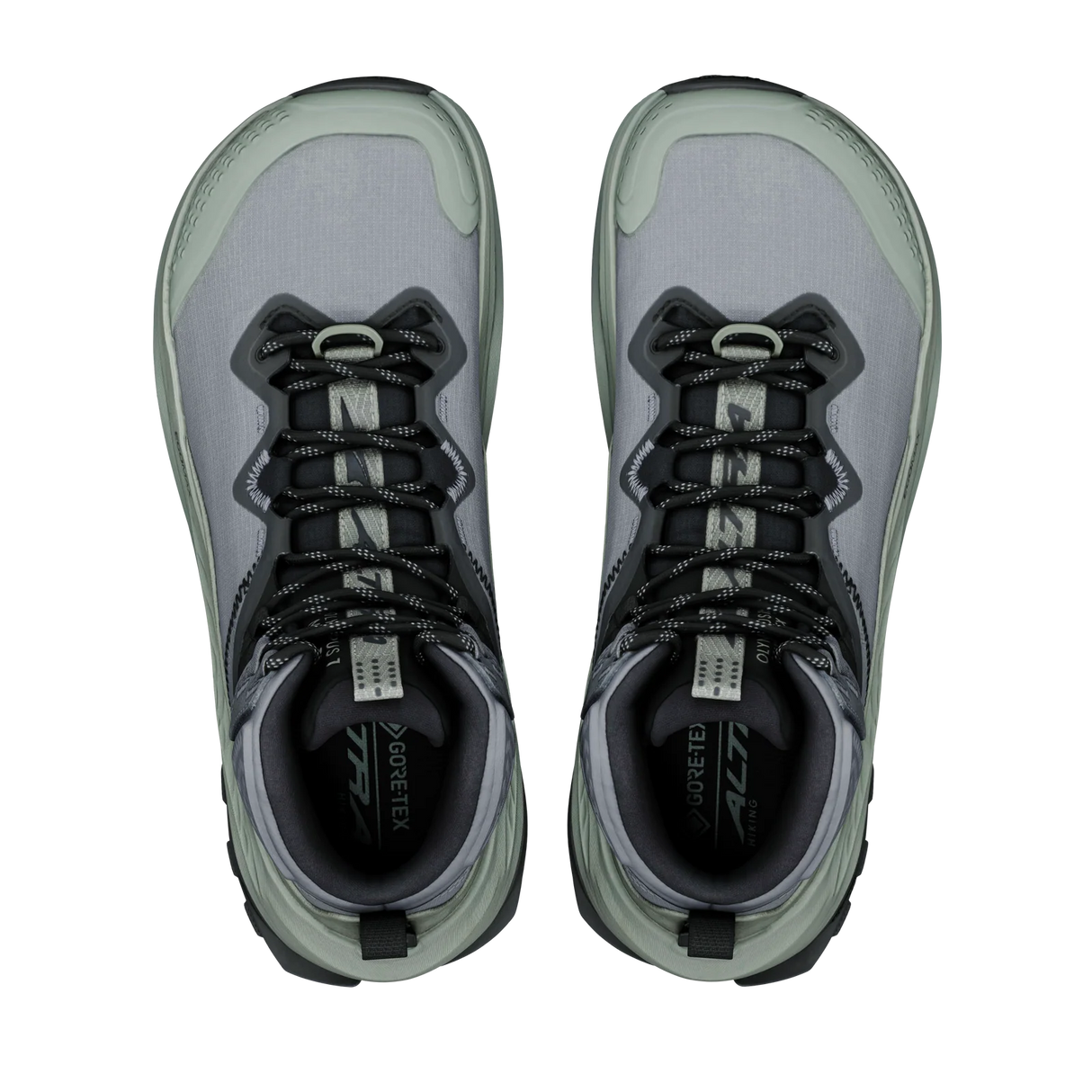 A pair of Gore-Tex All Weather hiking shoes shown from a top-down view, featuring a gray and sage green upper with black laces and a light gray sole. - Altra Olympus 7 Hike Mid GORE-TEX Boots (Women's) - Castlerock
