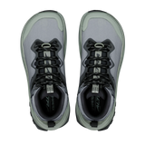A pair of Gore-Tex All Weather hiking shoes shown from a top-down view, featuring a gray and sage green upper with black laces and a light gray sole. - Altra Olympus 7 Hike Mid GORE-TEX Boots (Women's) - Castlerock