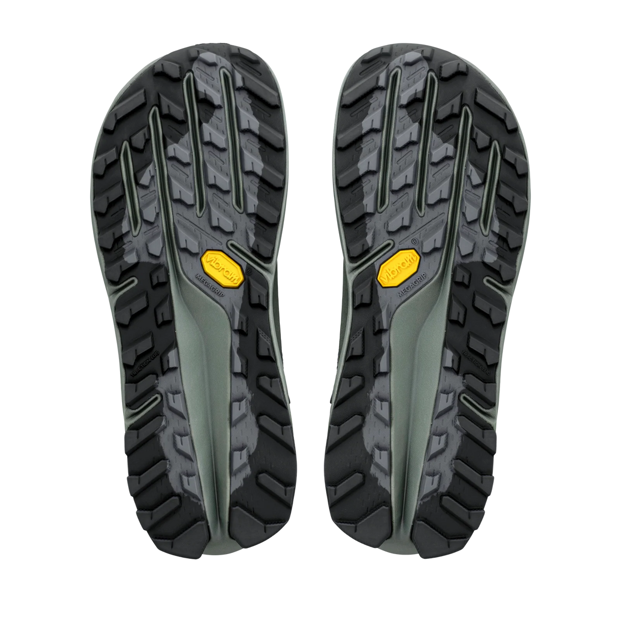 A pair of hiking shoe soles shown from the bottom, featuring a rugged black and dark gray tread pattern with a small yellow Vibram logo on each side, set against a plain white background. - Altra Olympus 7 Hike Mid GORE-TEX Boots (Women's) - Castlerock