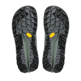 A pair of hiking shoe soles shown from the bottom, featuring a rugged black and dark gray tread pattern with a small yellow Vibram logo on each side, set against a plain white background. - Altra Olympus 7 Hike Mid GORE-TEX Boots (Women's) - Castlerock