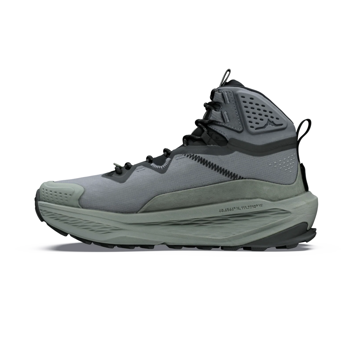 A high-top outdoor hiking boot in gray and black, shown from a side profile view against a solid white background. - Altra Olympus 7 Hike Mid GORE-TEX Boots (Women's) - Castlerock
