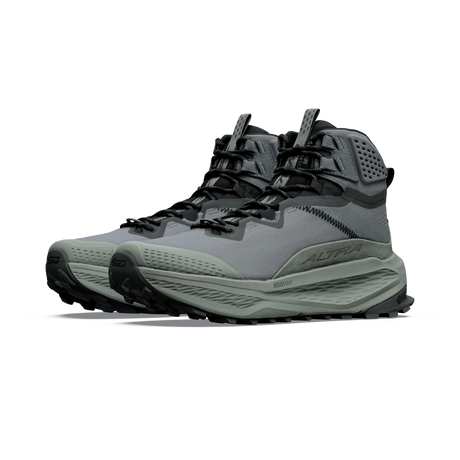 A pair of Altra mid-cut hiking boots in gray, black, and olive green, shown from a three-quarters angle on a white background. - Altra Olympus 7 Hike Mid GORE-TEX Boots (Women's) - Castlerock