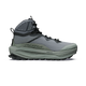 A single high-top outdoor boot shown in profile against a solid white background. The boot features a gray mesh upper, a dark gray ankle collar with a textured panel, a thick gray midsole, and a rugged gray and black outsole. - Altra Olympus 7 Hike Mid GORE-TEX Boots (Women's) - Castlerock