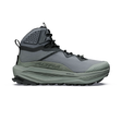 A single high-top outdoor boot shown in profile against a solid white background. The boot features a gray mesh upper, a dark gray ankle collar with a textured panel, a thick gray midsole, and a rugged gray and black outsole. - Altra Olympus 7 Hike Mid GORE-TEX Boots (Women's) - Castlerock