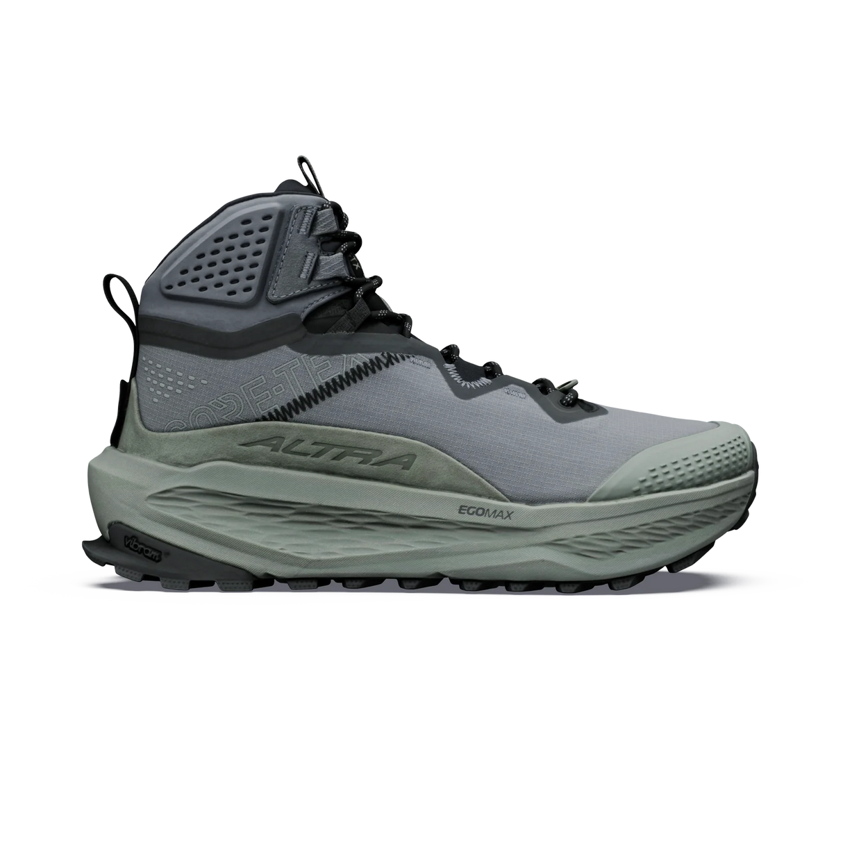 A single high-top outdoor boot shown in profile against a solid white background. The boot features a gray mesh upper, a dark gray ankle collar with a textured panel, a thick gray midsole, and a rugged gray and black outsole. - Altra Olympus 7 Hike Mid GORE-TEX Boots (Women's) - Castlerock