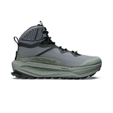 A single high-top outdoor boot shown in profile against a solid white background. The boot features a gray mesh upper, a dark gray ankle collar with a textured panel, a thick gray midsole, and a rugged gray and black outsole. - Altra Olympus 7 Hike Mid GORE-TEX Boots (Women's) - Castlerock
