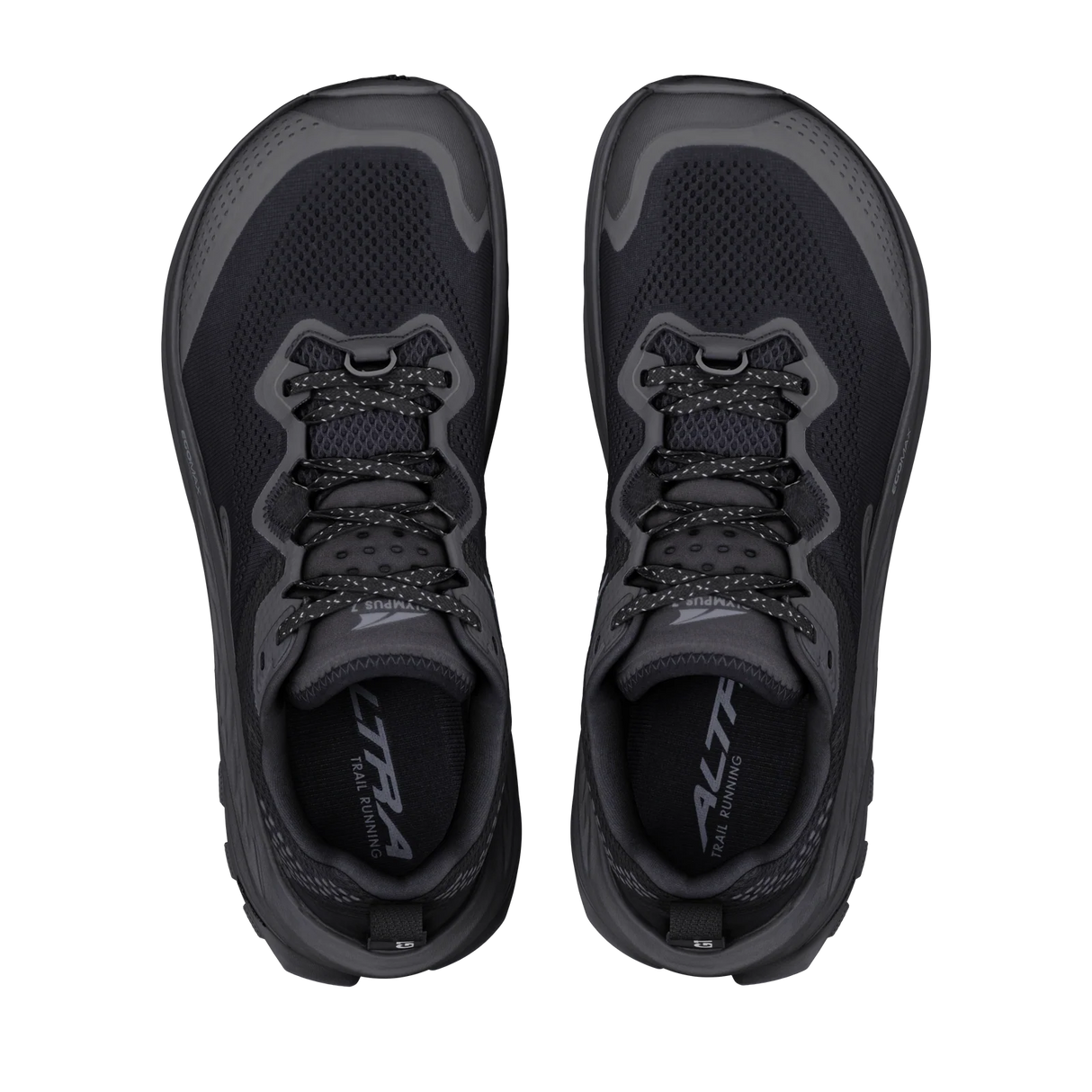 A pair of black and dark gray athletic trail running shoes shown from a top-down view on a solid white background. - Altra Olympus 7 Shoes (Men's) - Black/Dark Shadow/Black