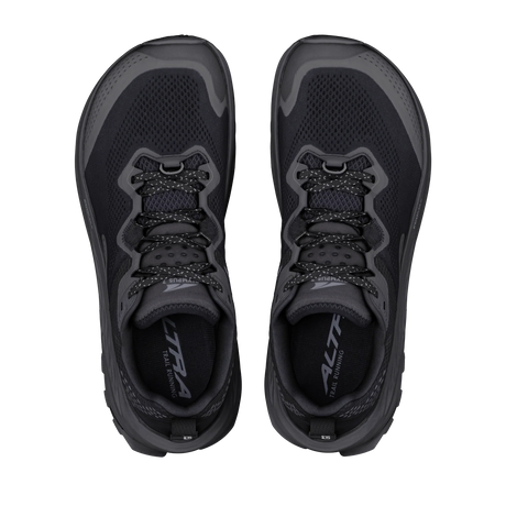 A pair of black and dark gray athletic trail running shoes shown from a top-down view on a solid white background. - Altra Olympus 7 Shoes (Men's) - Black/Dark Shadow/Black