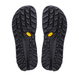 A pair of black Vibram outdoor sandals shown from the sole view, featuring deep lugs and a small yellow Vibram logo on each side, set against a plain white background. - Altra Olympus 7 Shoes (Men's) - Black/Dark Shadow/Black