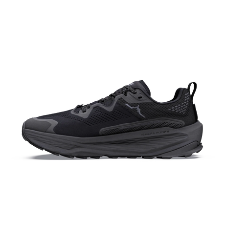 A black athletic sneaker with a chunky, layered sole and a small gray logo on the side, shown in profile against a plain white background. - Altra Olympus 7 Shoes (Men's) - Black/Dark Shadow/Black