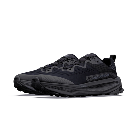 A pair of black and dark gray trail running shoes with a rugged sole, shown from a side profile view on a white background. - Altra Olympus 7 Shoes (Men's) - Black/Dark Shadow/Black