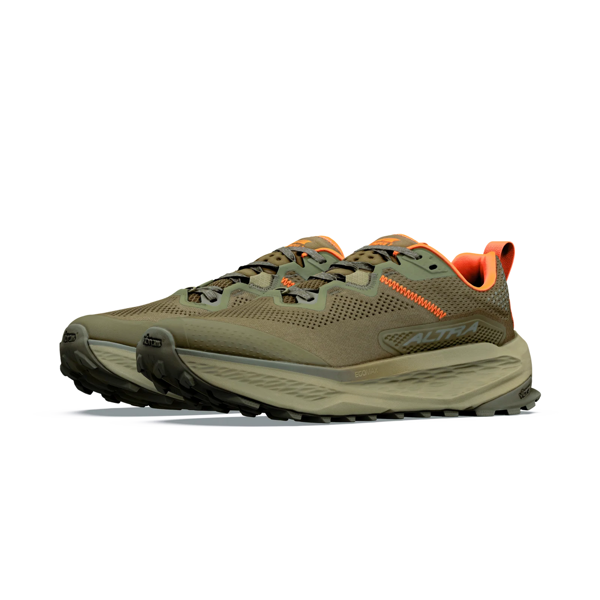A pair of Altra trail running shoes in olive green and black with bright orange accents, shown from a side profile on a white background.