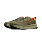 A pair of Altra trail running shoes in olive green and black with bright orange accents, shown from a side profile on a white background.