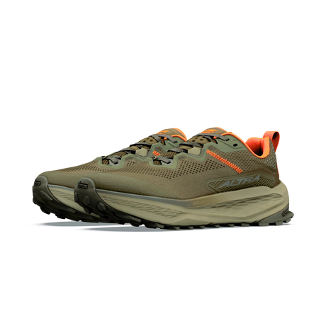 A pair of Altra trail running shoes in olive green and black with bright orange accents, shown from a side profile on a white background.