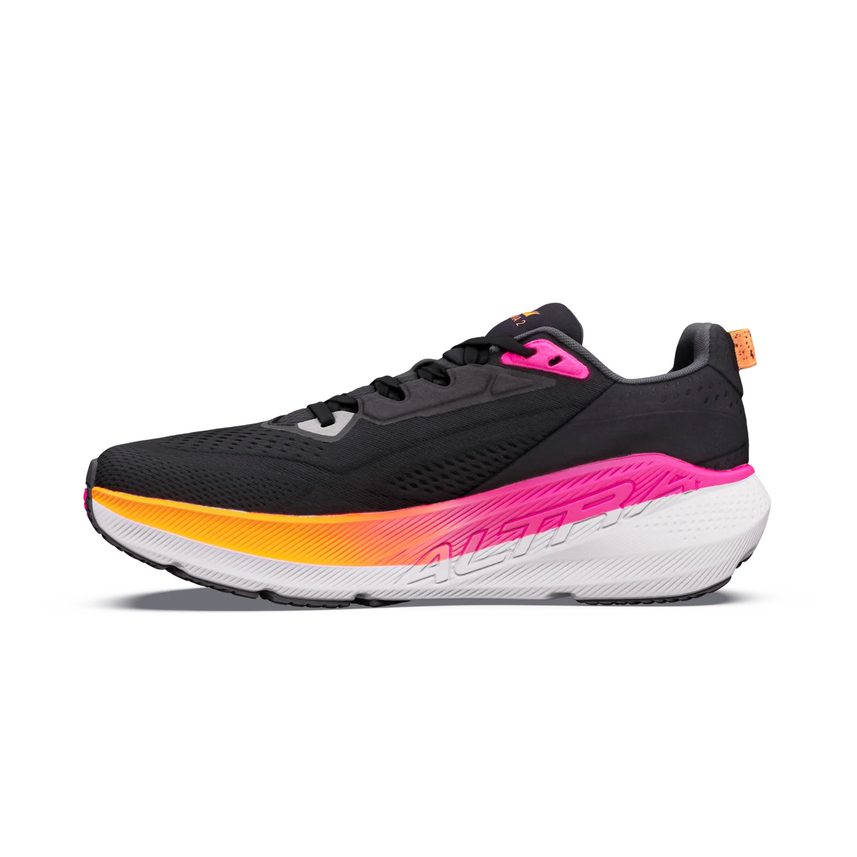 A single running shoe shown in a side profile on a clean white background. The shoe features a black mesh upper with vibrant neon pink and orange gradient accents on the midsole and heel, and a thick white cushioned sole. - Altra FWD Via 2 Shoes (Women's) - Black/Silver/Pink