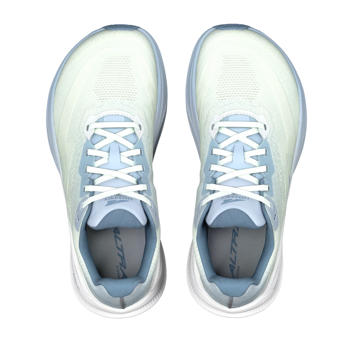 A pair of light blue and white running shoes shown from a top-down view on a plain white background. - Altra Experience Flow 3 Shoes (Women's) - Ice/Niagra Mist