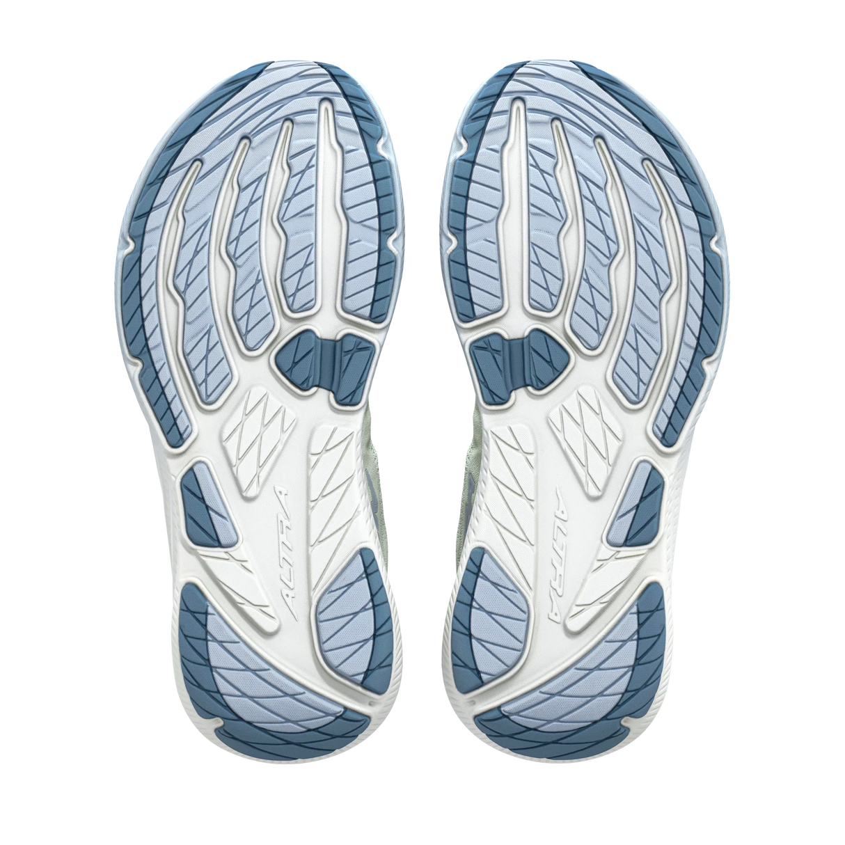 A pair of athletic shoe soles shown from the bottom, featuring a pattern of light blue, medium blue, and white textured sections. - Altra Experience Flow 3 Shoes (Women's) - Ice/Niagra Mist