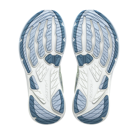 A pair of athletic shoe soles shown from the bottom, featuring a pattern of light blue, medium blue, and white textured sections. - Altra Experience Flow 3 Shoes (Women's) - Ice/Niagra Mist