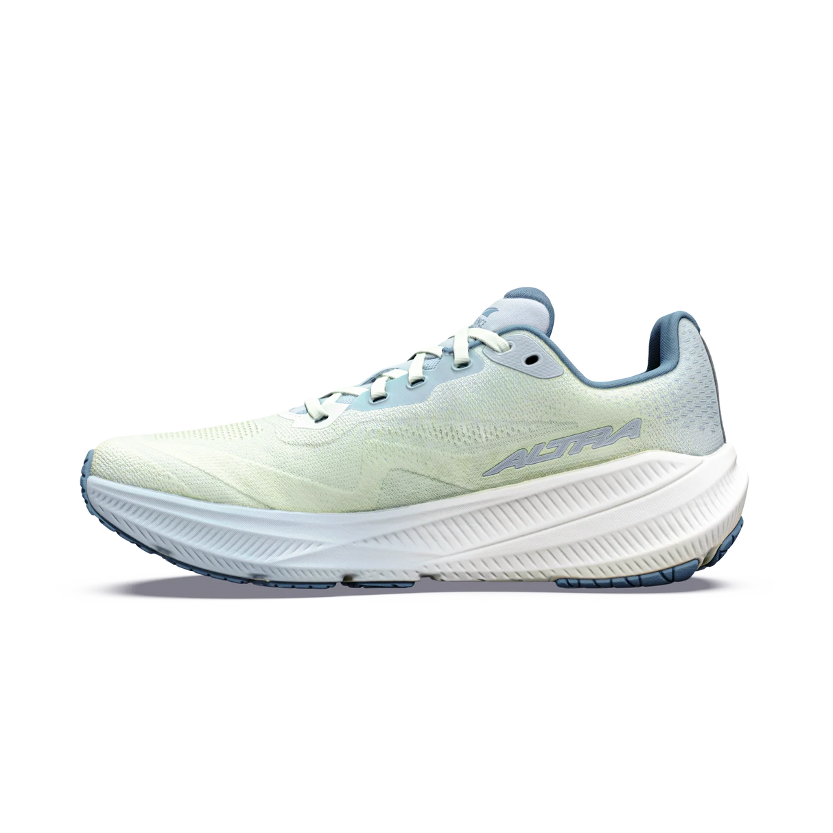 A single Axiom running shoe in a very pale mint green and light blue colorway, shown from the side against a plain white background. - Altra Experience Flow 3 Shoes (Women's) - Ice/Niagra Mist