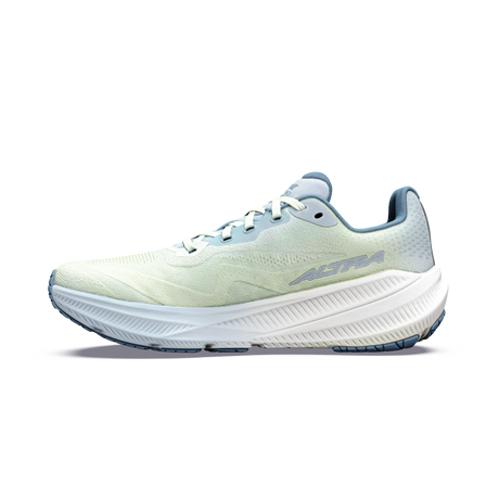 A single Axiom running shoe in a very pale mint green and light blue colorway, shown from the side against a plain white background. - Altra Experience Flow 3 Shoes (Women's) - Ice/Niagra Mist