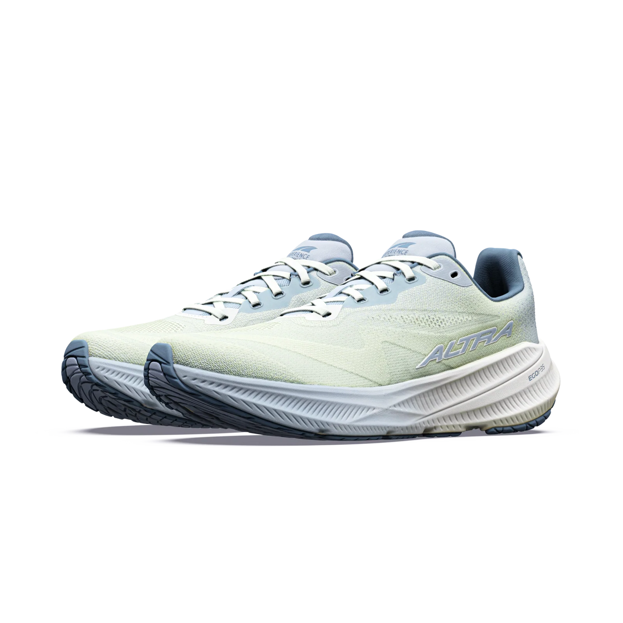 A pair of Hoka Ultra running shoes in a pale mint green and light blue colorway, shown from a side profile view on a clean white background. - Altra Experience Flow 3 Shoes (Women's) - Ice/Niagra Mist