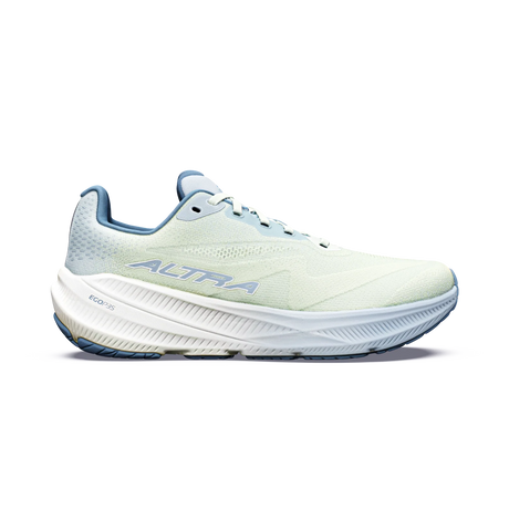 A light mint green and white running shoe with light blue accents, featuring the brand name 'ALTRA' on the side, shown against a plain white background. - Altra Experience Flow 3 Shoes (Women's) - Ice/Niagra Mist