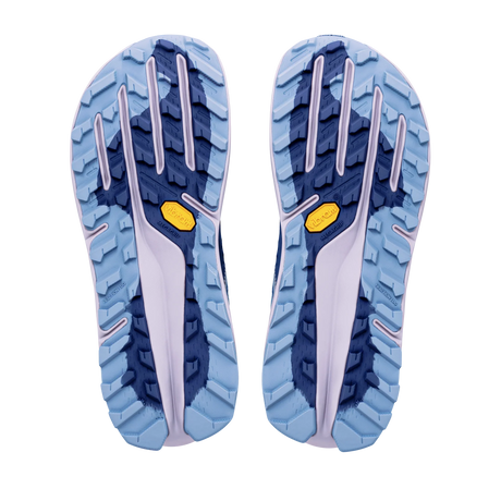 The outsoles of a pair of trail running shoes, showing a light blue and navy tread pattern with a small yellow Vibram logo on each side, isolated on a white background. - Altra Olympus 7 Shoes (Women's) - Rain Washed/Oceana
