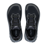 A pair of HOKA running shoes shown from a top-down view, featuring a dark navy blue mesh upper with gray and black accents, gray laces, and a gray sole. - Altra Olympus 7 Shoes (Women's) - Black/Silver/Castlerock