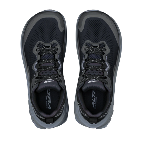 A pair of HOKA running shoes shown from a top-down view, featuring a dark navy blue mesh upper with gray and black accents, gray laces, and a gray sole. - Altra Olympus 7 Shoes (Women's) - Black/Silver/Castlerock